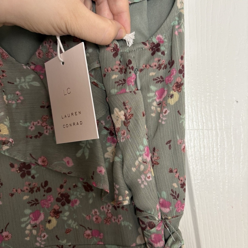NWT LC Lauren Conrad Floral Asymmetrical Ruffle Maxi Dress Olive Size Medium - Picture 10 of 13
